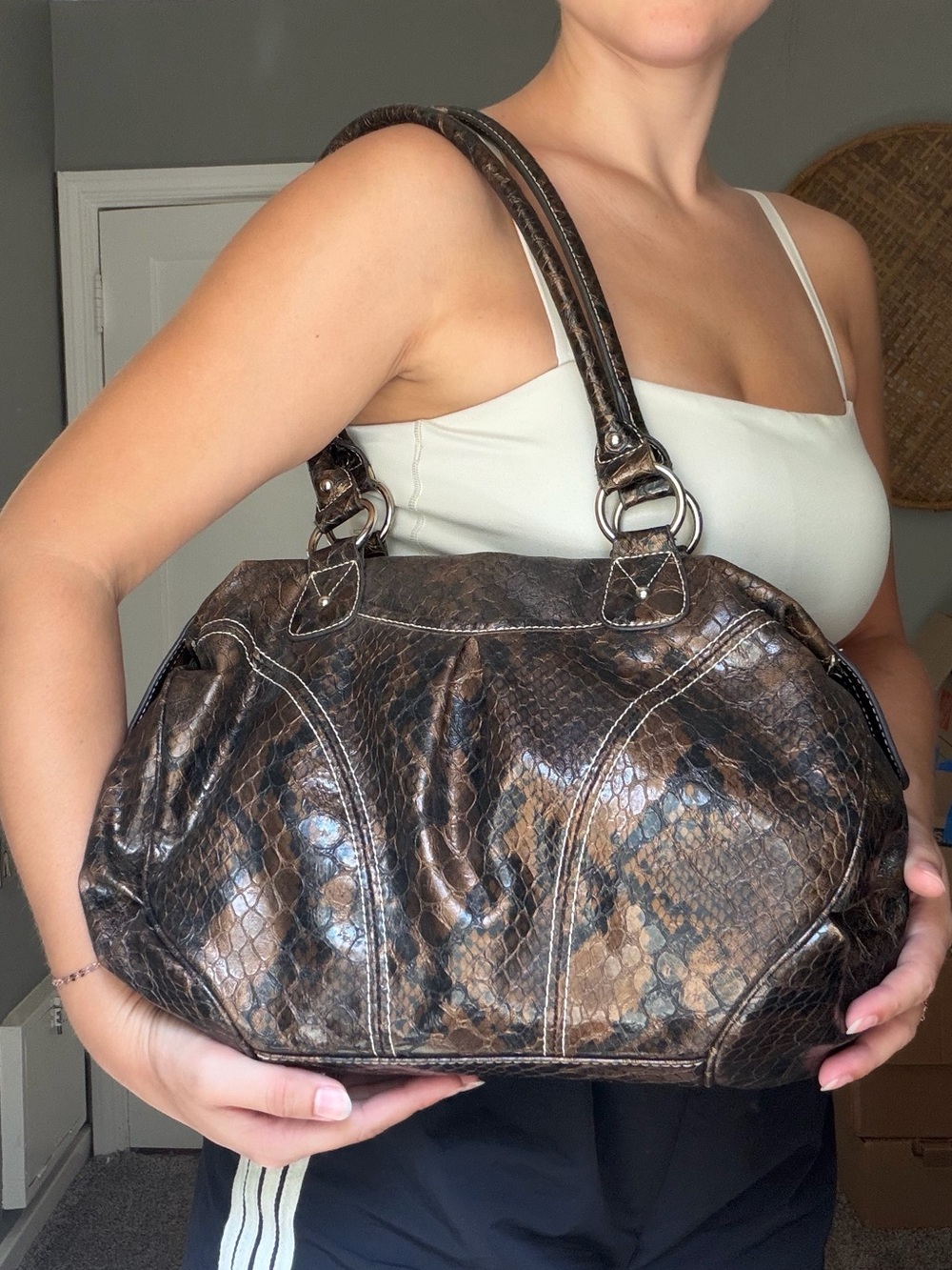 Y2K Brown Snake-Print Shoulder Bag w/ Silver Hardware